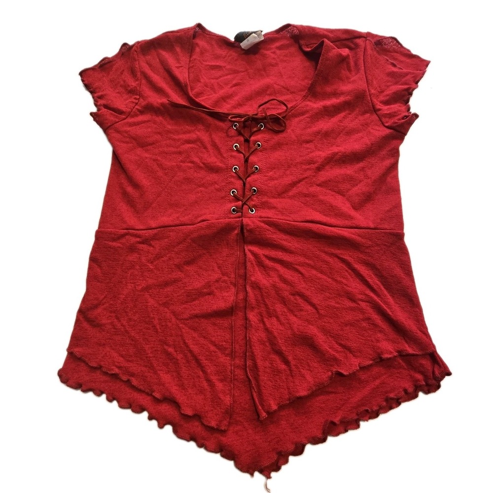 Vintage 90s Y2K Lace Up Top Womens M Red Shark Bite Handkerchief Vamp Baby Tee
